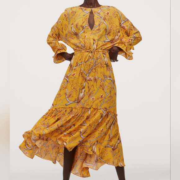 H&M Johanna Ortiz Women's Yellow Floral Boho Frill Long Midi Crepe Dress Size XS - Picture 5 of 16